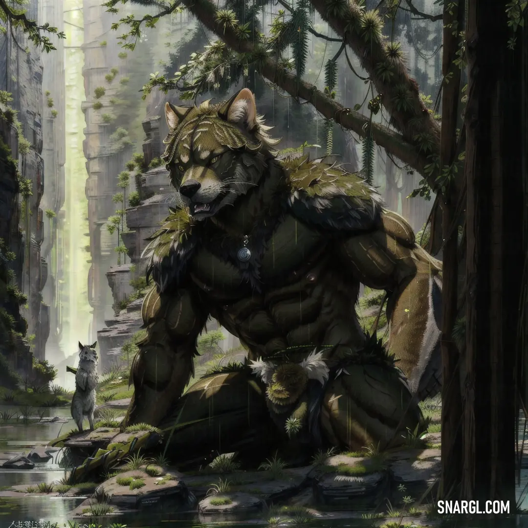 A painting of a wolf standing in the woods by a river, with a cat nearby, capturing the serene beauty of the forest and waterfall, all infused with the deep tones of PANTONE 7748.