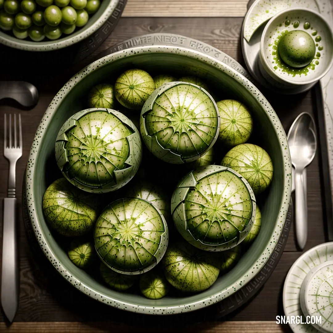Bowl of green vegetables on a table with silverware and peas in the background. Color PANTONE 7748.
