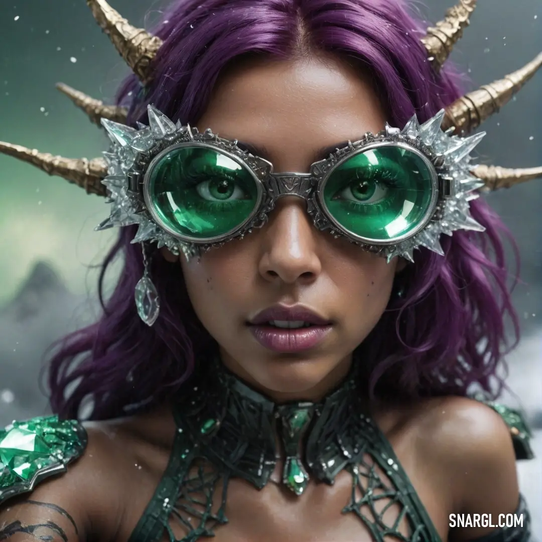 A captivating woman with vibrant purple hair and mesmerizing green eyes is framed by her whimsical horned hairdo, exuding charm and mystery, a perfect blend of fantasy and elegance.