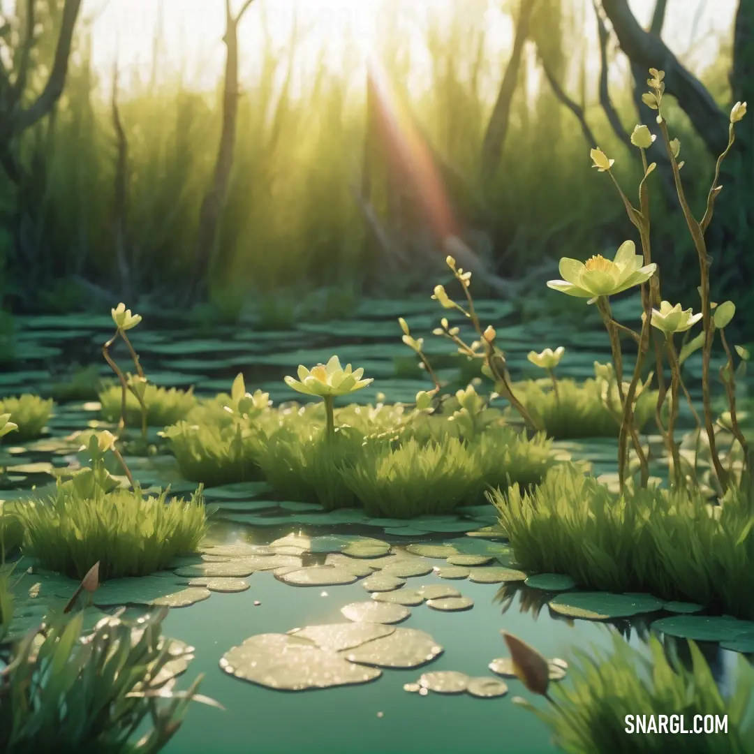 Pond with water lilies and grass in the foreground. Example of RGB 130,134,60 color.