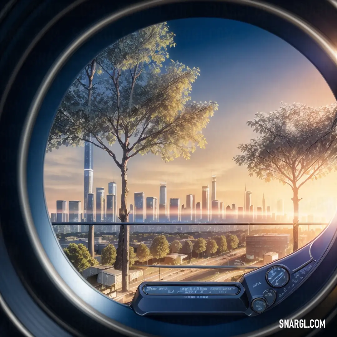 A breathtaking view of a city skyline through a round porthole window, framed by a tree in the foreground, with the vibrant PANTONE 7748 green adding a natural touch to the scene.