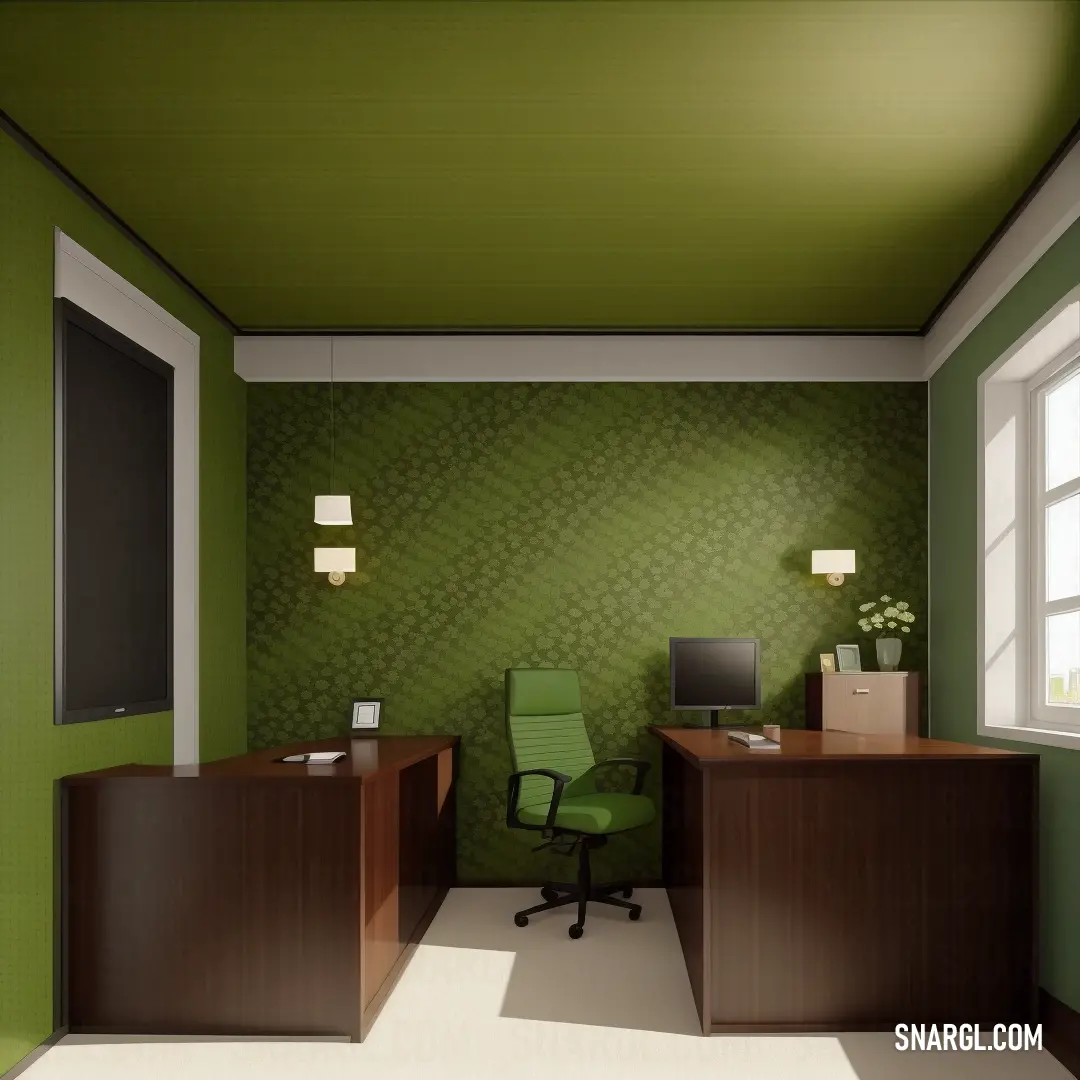 PANTONE 7749 color example: Green office with a green chair and a desk with a computer on it and a window in the corner