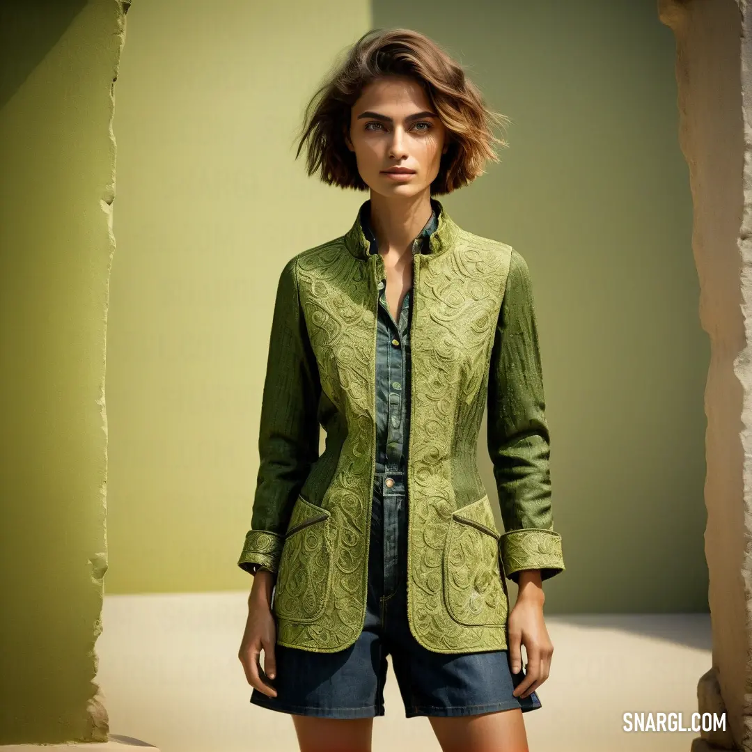 Woman in a green jacket and shorts standing in a room with a green wall. Example of PANTONE 7749 color.