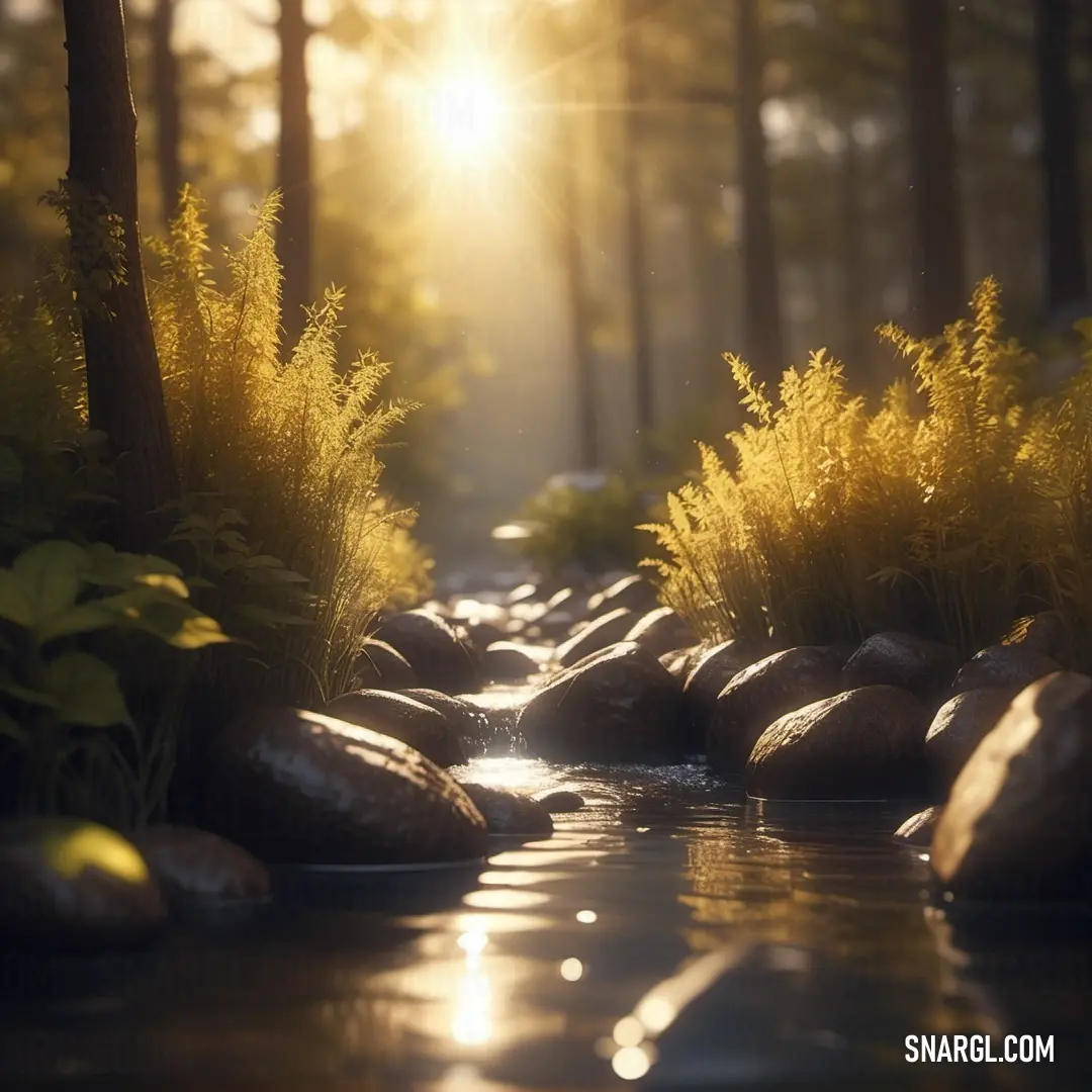 Stream running through a forest with rocks and plants in the foreground. Color PANTONE 7751.
