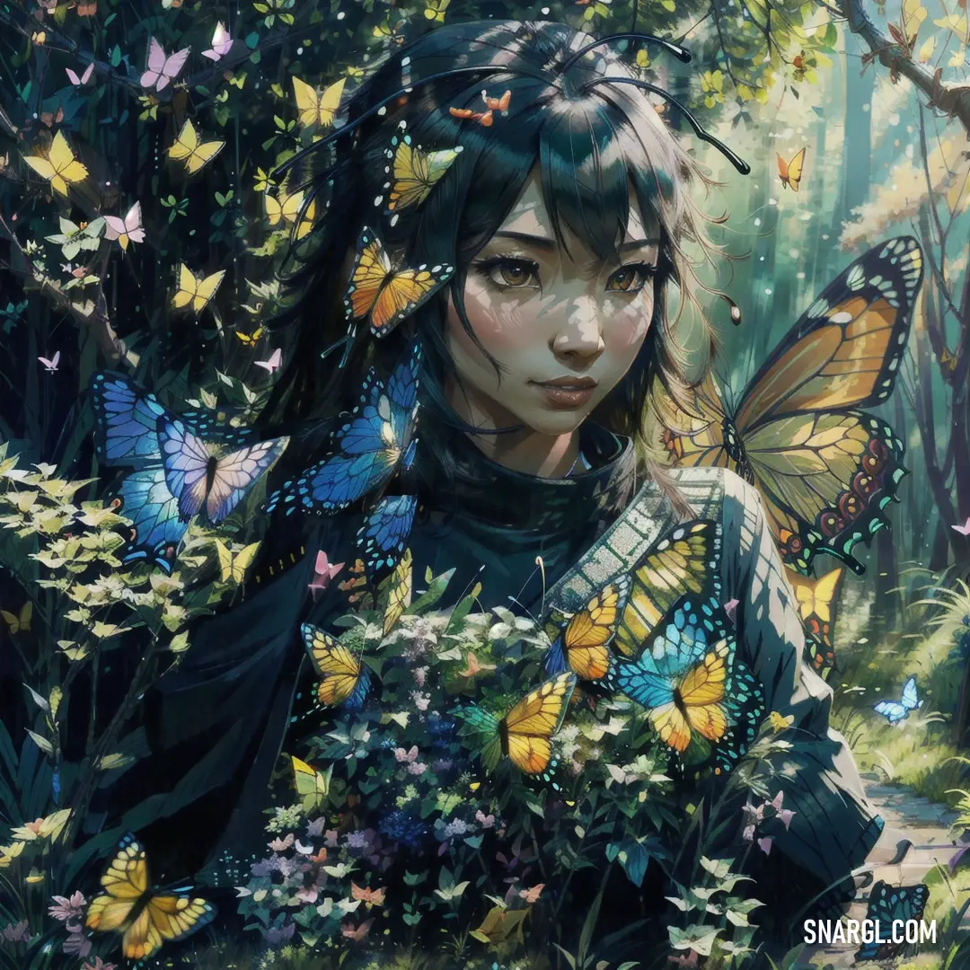 Painting of a woman surrounded by butterflies in a forest with a butterfly in her hair and a black dress. Color RGB 212,182,64.