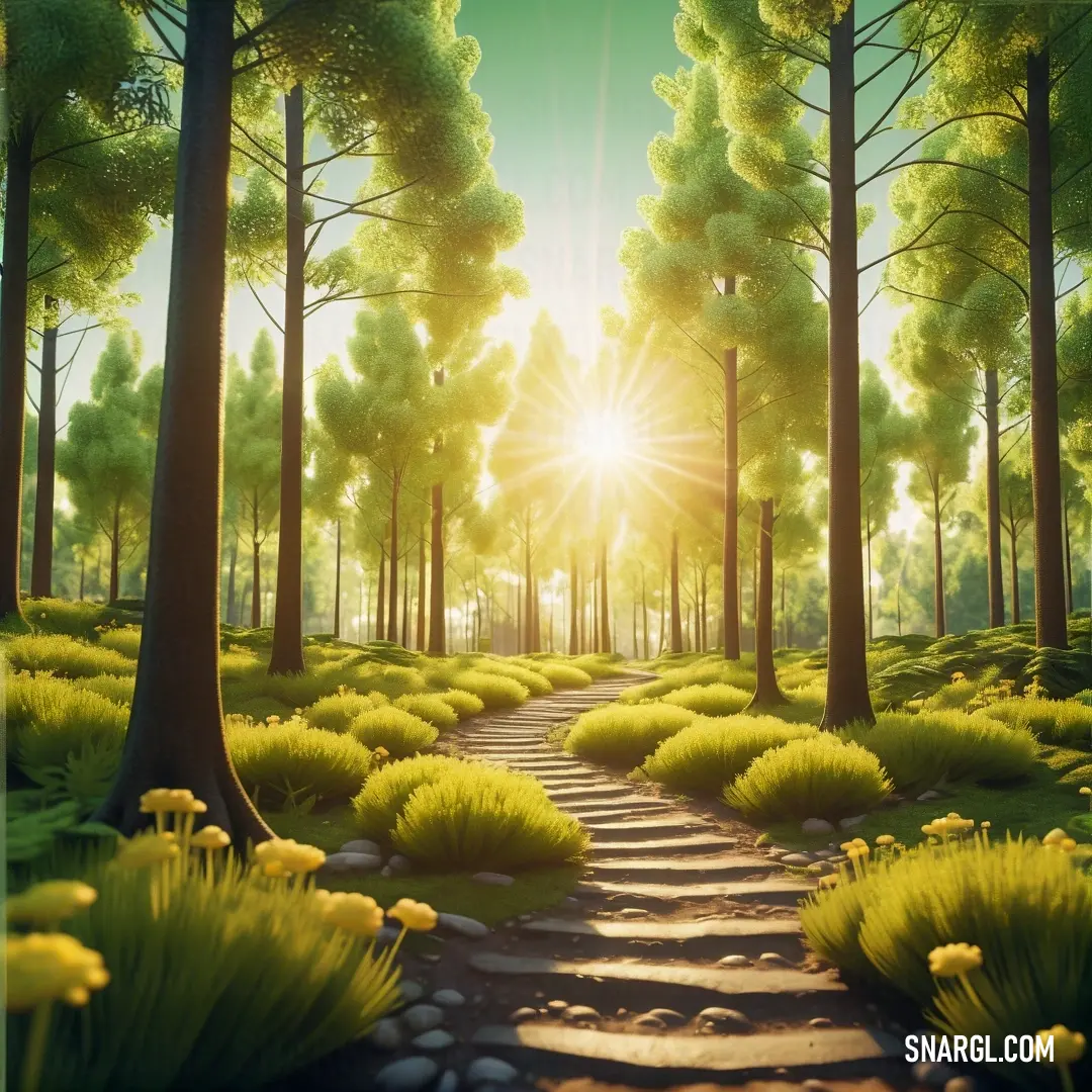 Path through a forest with a sun shining through the trees and grass on the ground and rocks on the ground. Color #D4B640.