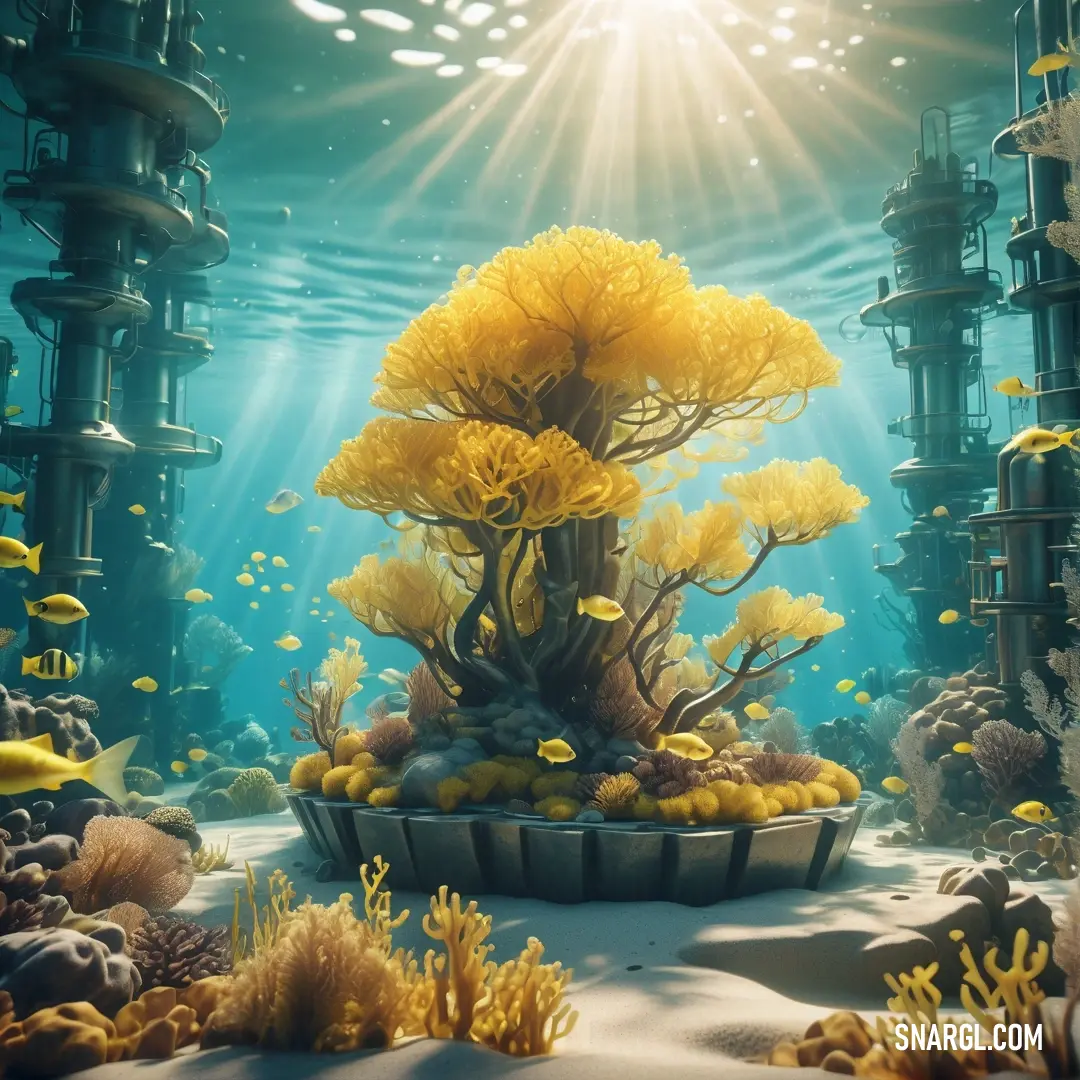 Underwater scene with a tree and many fish in the water and a sunbeam above it that is shining. Example of RGB 212,182,64 color.