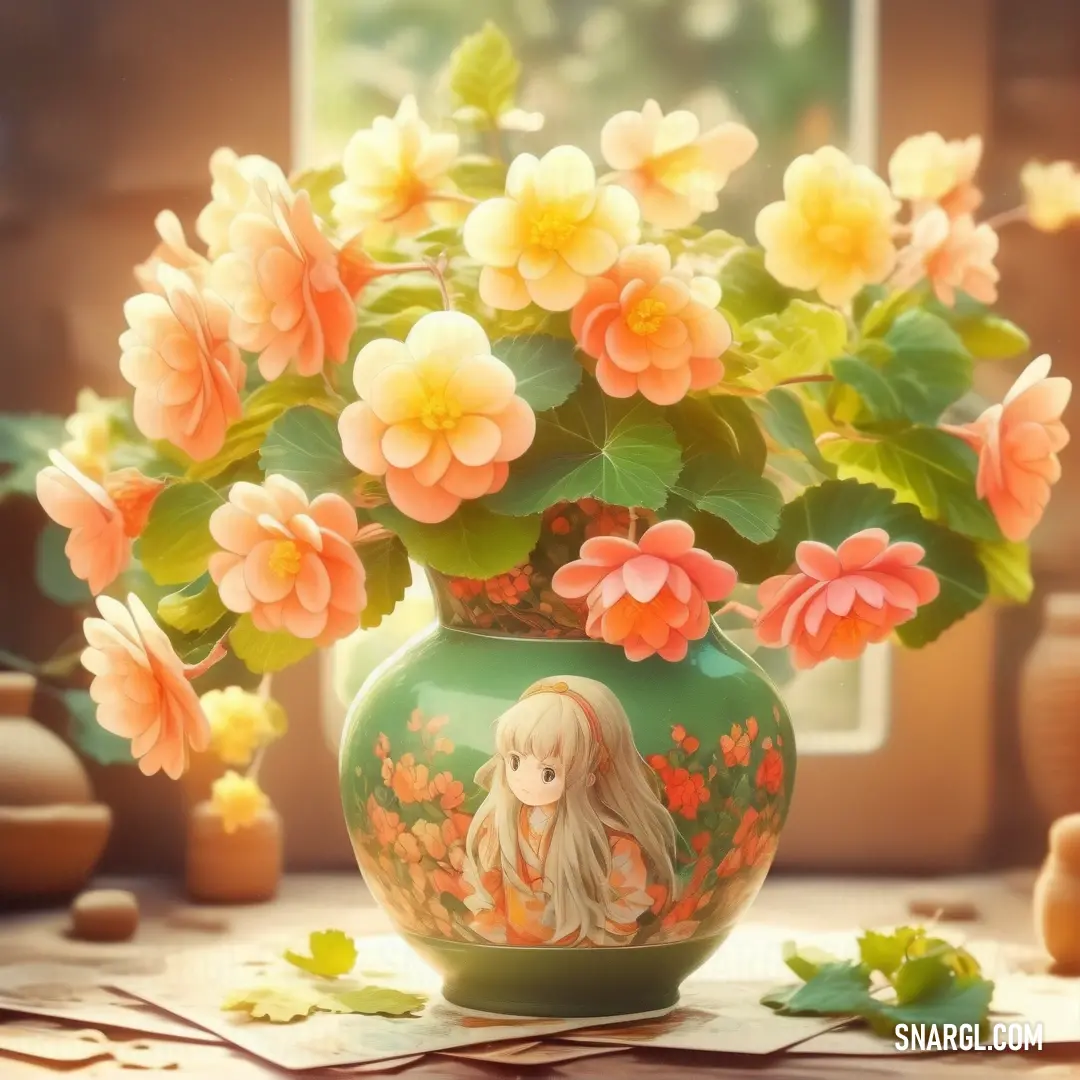 Vase with a painting of a girl and flowers in it on a table with a window behind it. Example of CMYK 2,13,88,14 color.