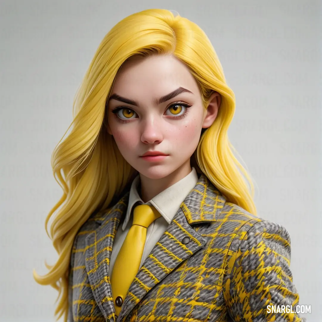 Doll with blonde hair wearing a yellow tie and jacket. Example of #C4A229 color.