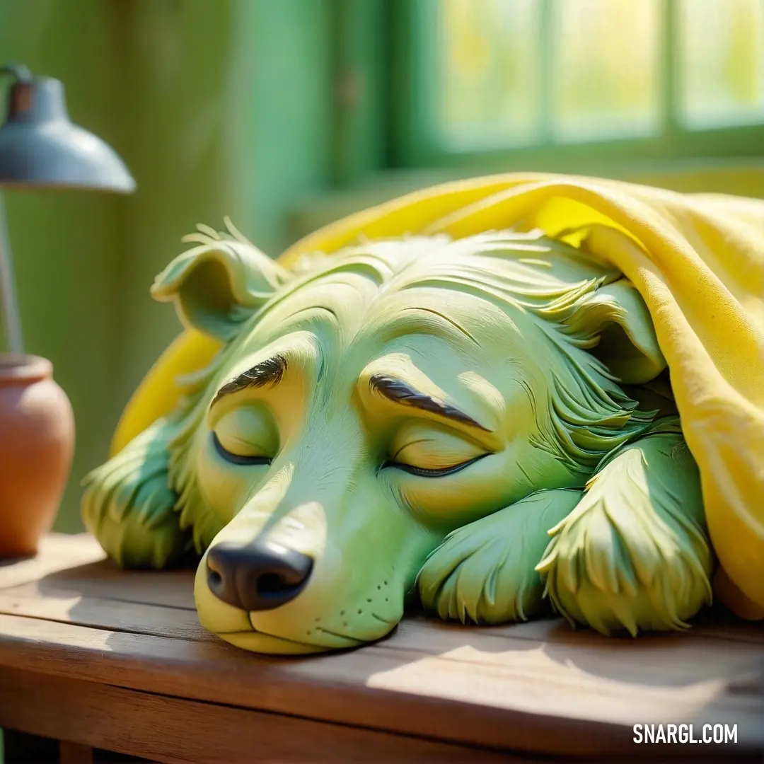 Green dog statue laying on a wooden table next to a lamp and a potted plant on a table. Color CMYK 0,17,94,27.