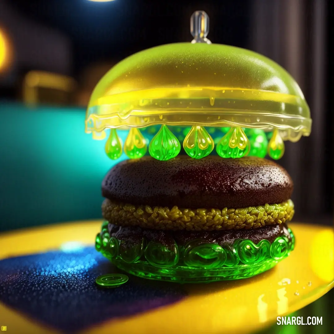 PANTONE 7754 color example: Chocolate cake with green icing and a green dome on top of it on a yellow plate on a table