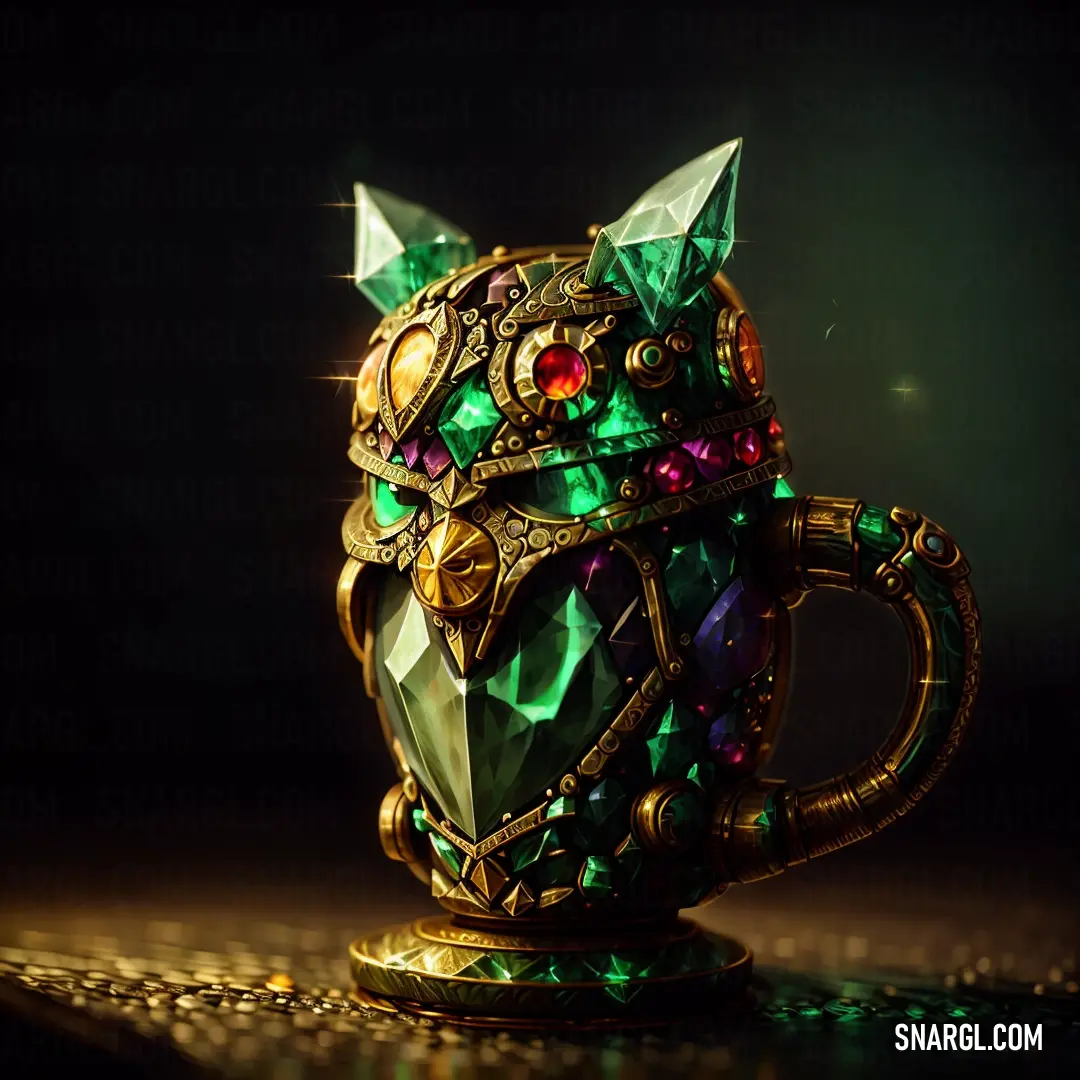Green and gold colored cat shaped mug on a table with a black background. Color PANTONE 7754.