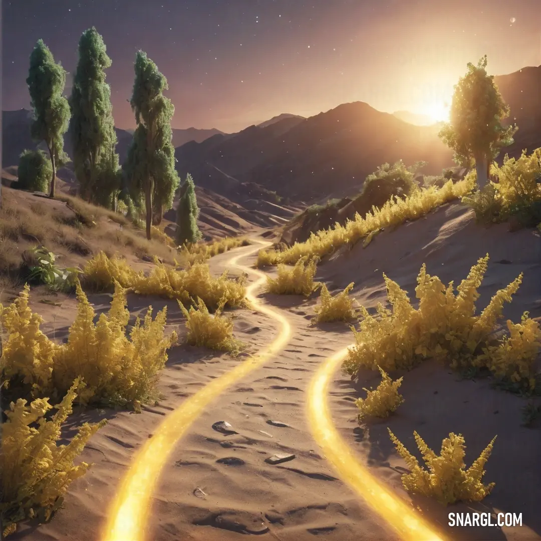 Painting of a path in the desert with trees and bushes on either side of it. Color PANTONE 7755.