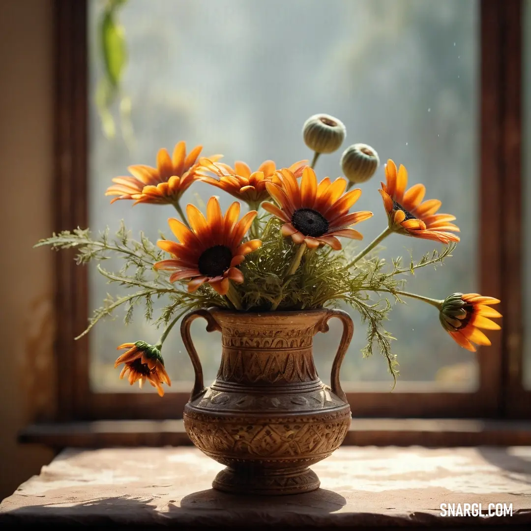 Vase with sunflowers in it on a table near a window with a view of the outside. Color PANTONE 7755.