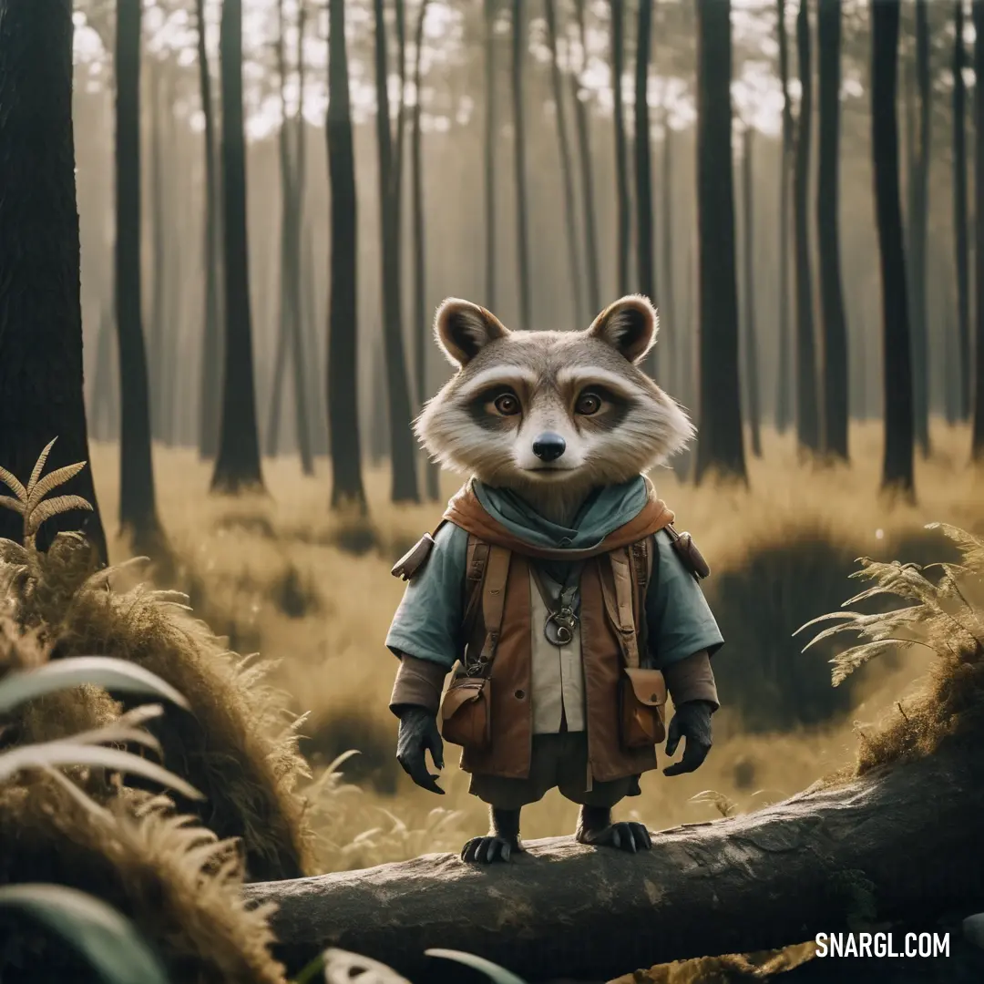 Raccoon in a forest with a backpack on it's back and a backpack on its shoulder. Color CMYK 0,14,78,62.