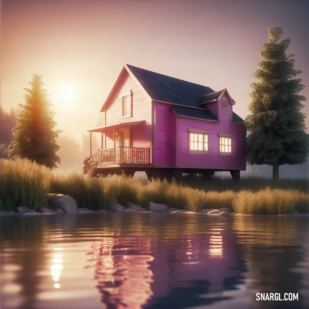House on a lake with a sunset in the background. Color PANTONE 7756.