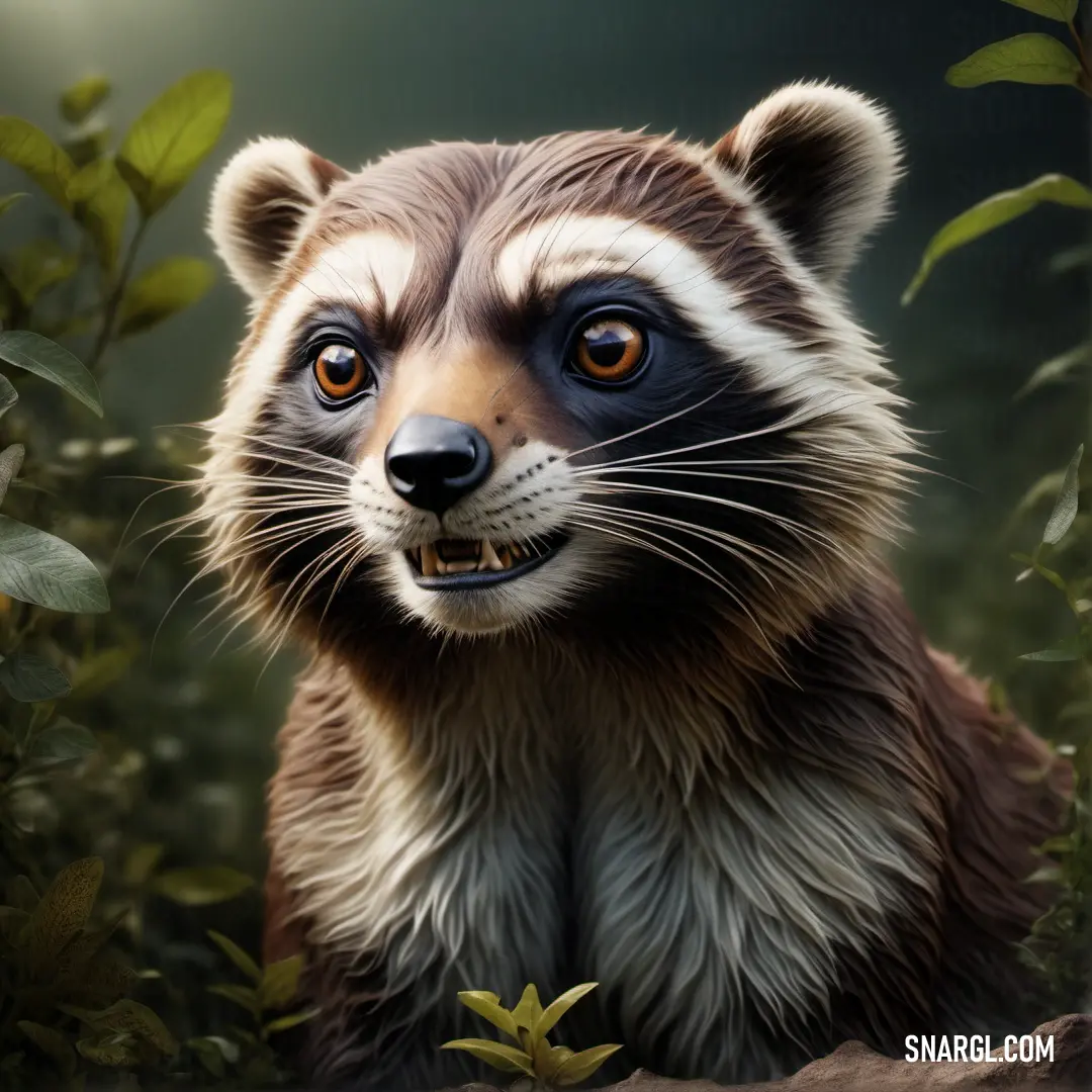 Raccoon with a creepy look on its face and eyes, in a bushy area, Chris LaBrooy. Example of CMYK 0,14,75,70 color.