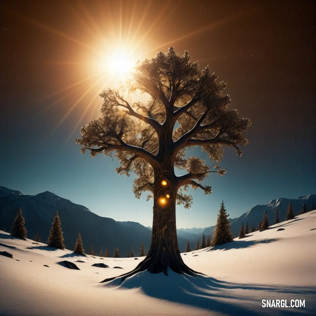Tree with a light on its face in the snow with mountains in the background. Example of RGB 120,103,52 color.