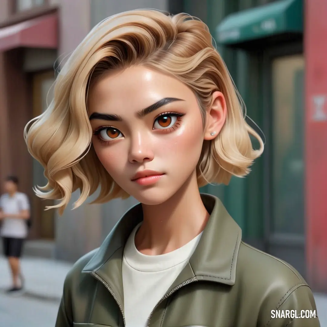 Digital painting of a woman with blonde hair and a green jacket on a city street with people walking by. Example of PANTONE 7757 color.
