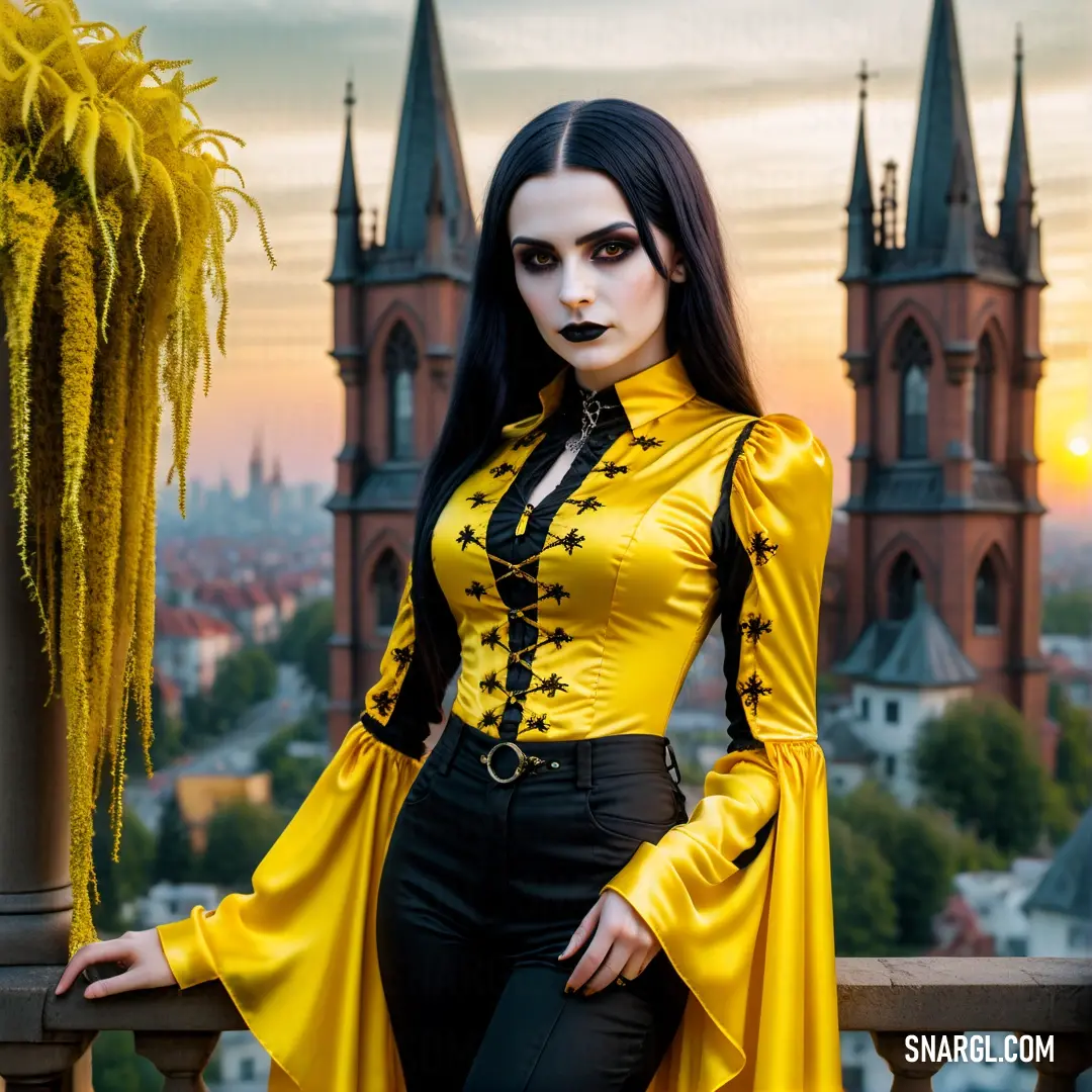 Woman dressed in a yellow and black outfit posing for a picture in front of a castle like setting. Example of #DECC08 color.