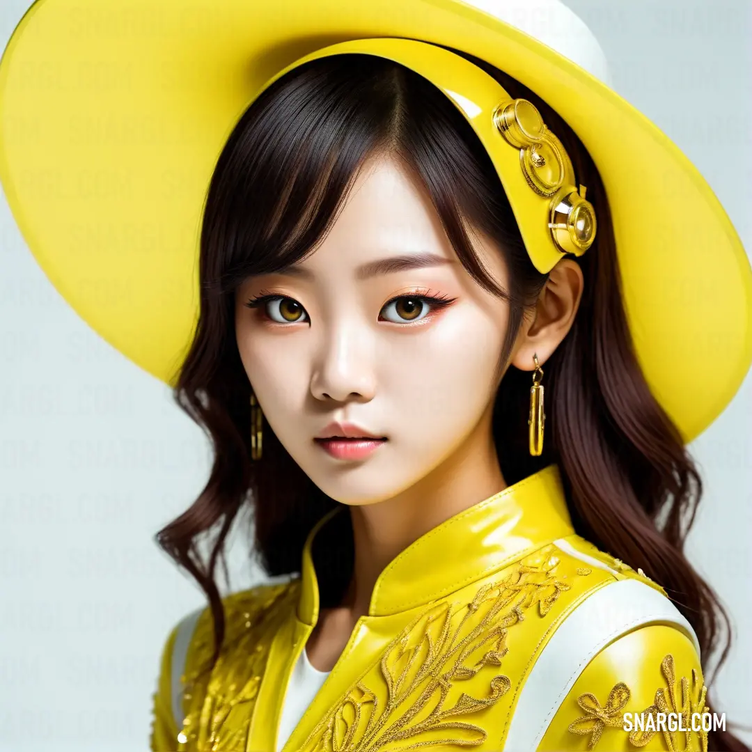 PANTONE 7758 color. Woman wearing a yellow hat and a yellow dress and earrings with a white background