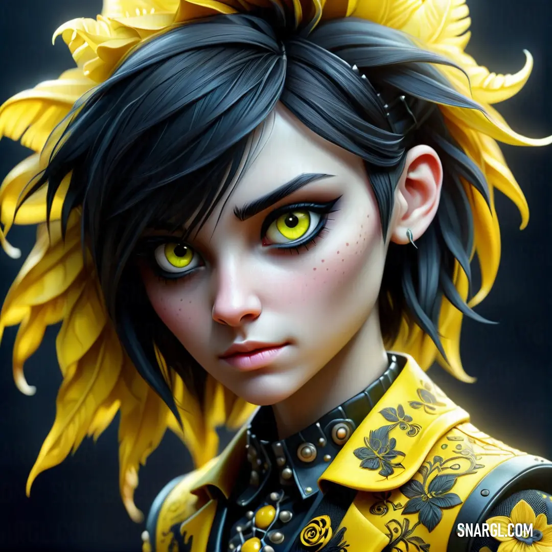 Close up of a person with yellow eyes and a sunflower on her head and a black hair. Example of CMYK 6,3,100,20 color.