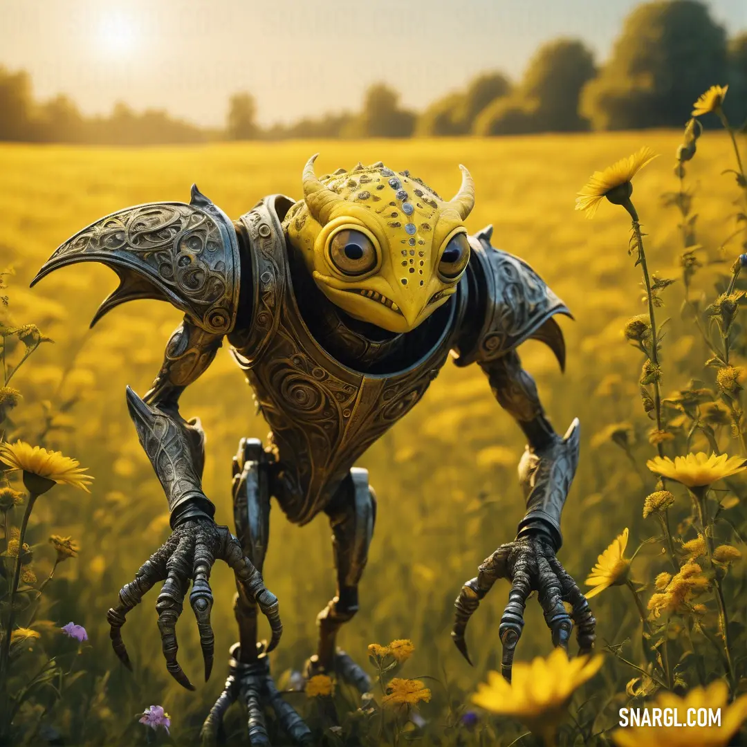 Robot in a field of flowers with a sunflower in the background. Color CMYK 6,3,100,20.