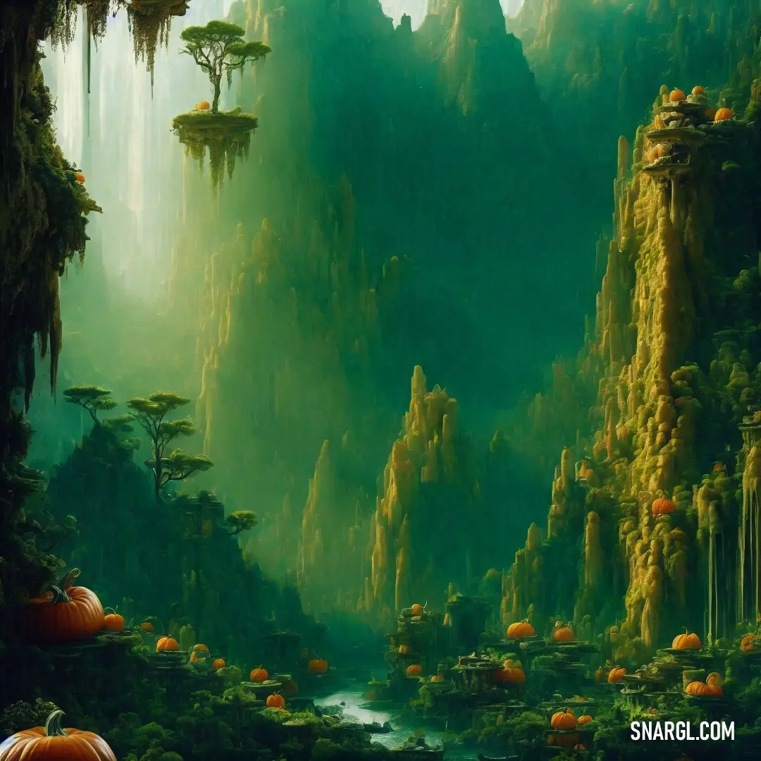 Painting of a forest with pumpkins and a waterfall in the background. Example of RGB 103,106,62 color.