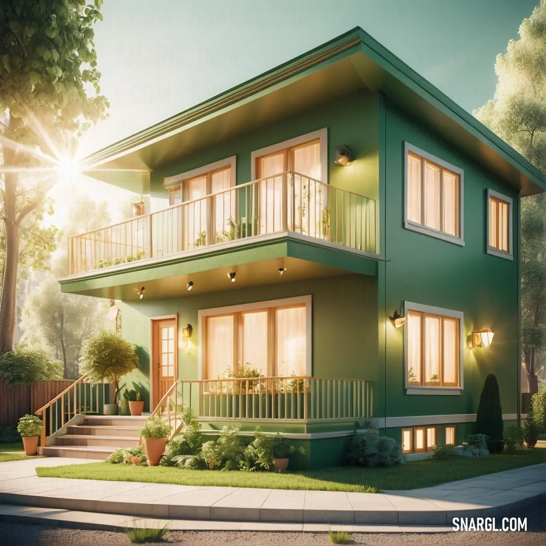Green house with a porch and a balcony on the second floor. Color #676A3E.