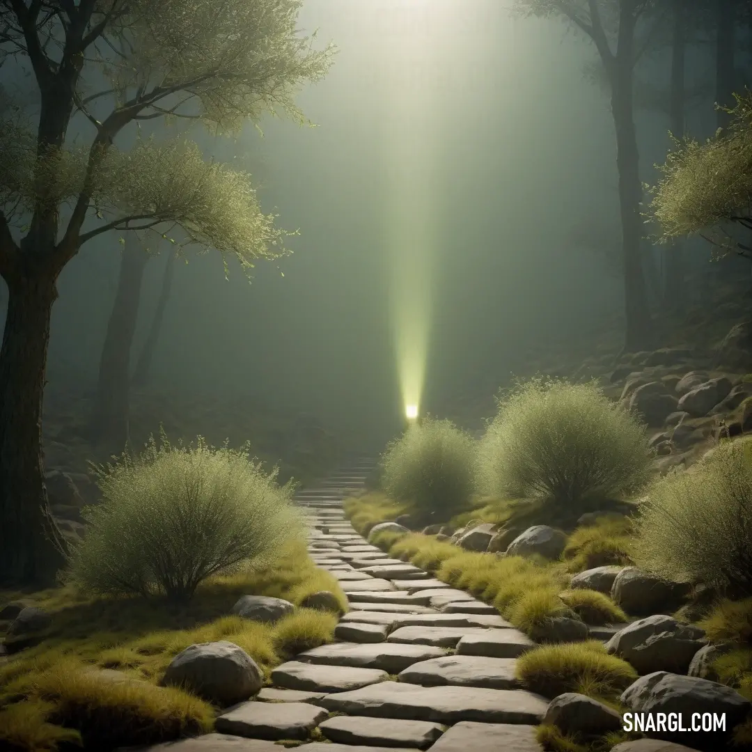 Path with a light shining through the trees and grass on the ground in the middle of a forest. Example of CMYK 40,20,80,60 color.