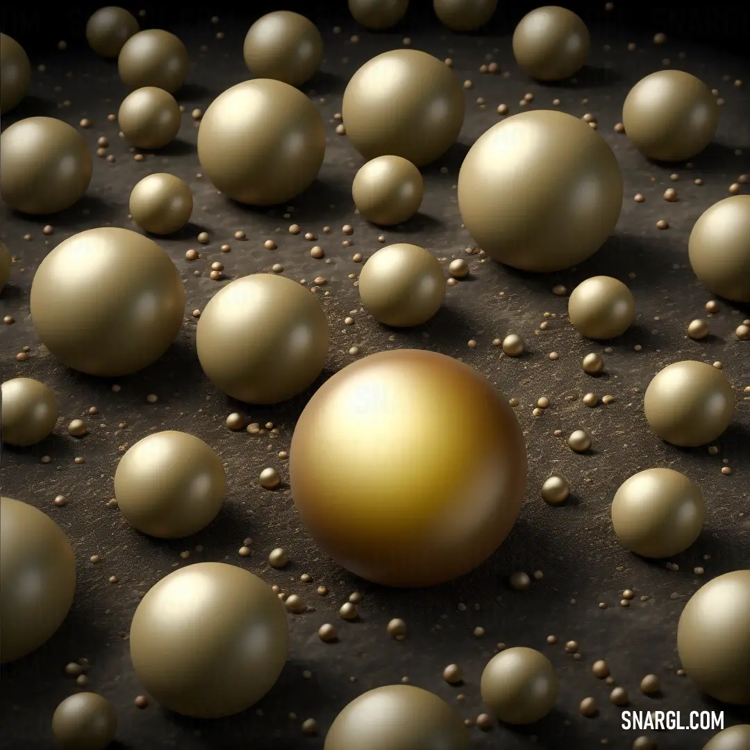 Golden ball surrounded by many smaller balls of gold color on a black surface. Example of CMYK 46,26,84,66 color.