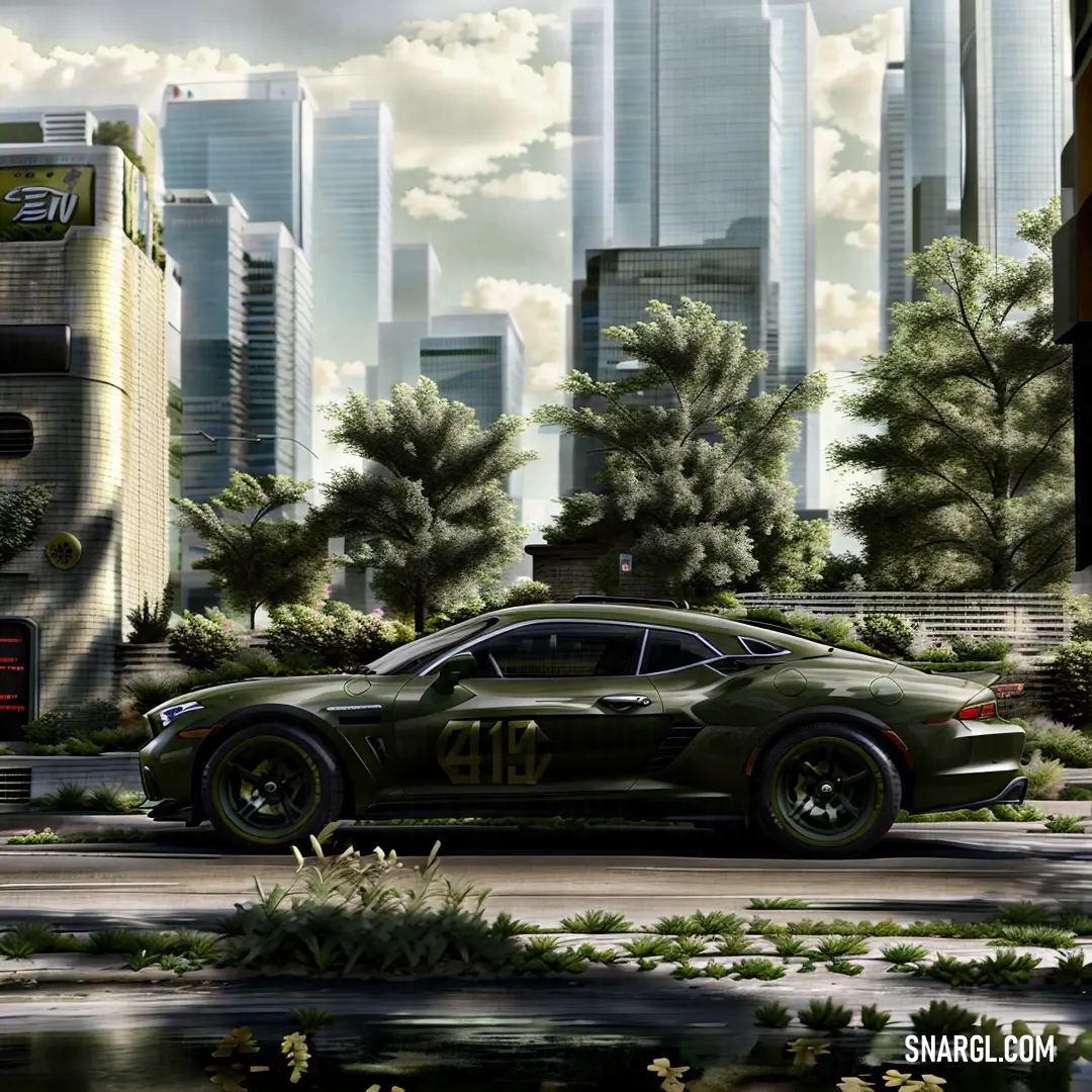 Car parked in a city with tall buildings in the background. Color RGB 88,88,52.
