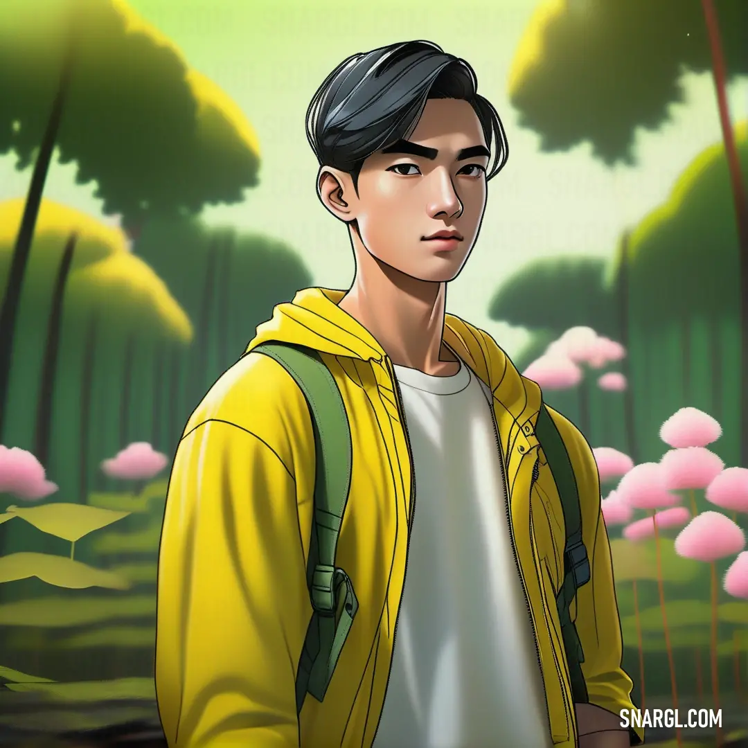 Man in a yellow jacket standing in a forest with pink flowers on the ground and trees in the background. Color #C3B91F.