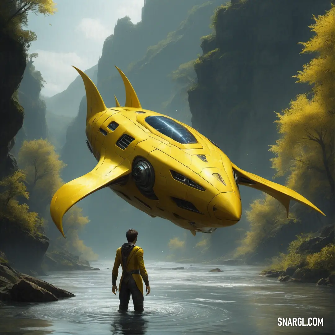 Man standing in a river next to a yellow submarine shaped object in the air above him is a man in a yellow suit