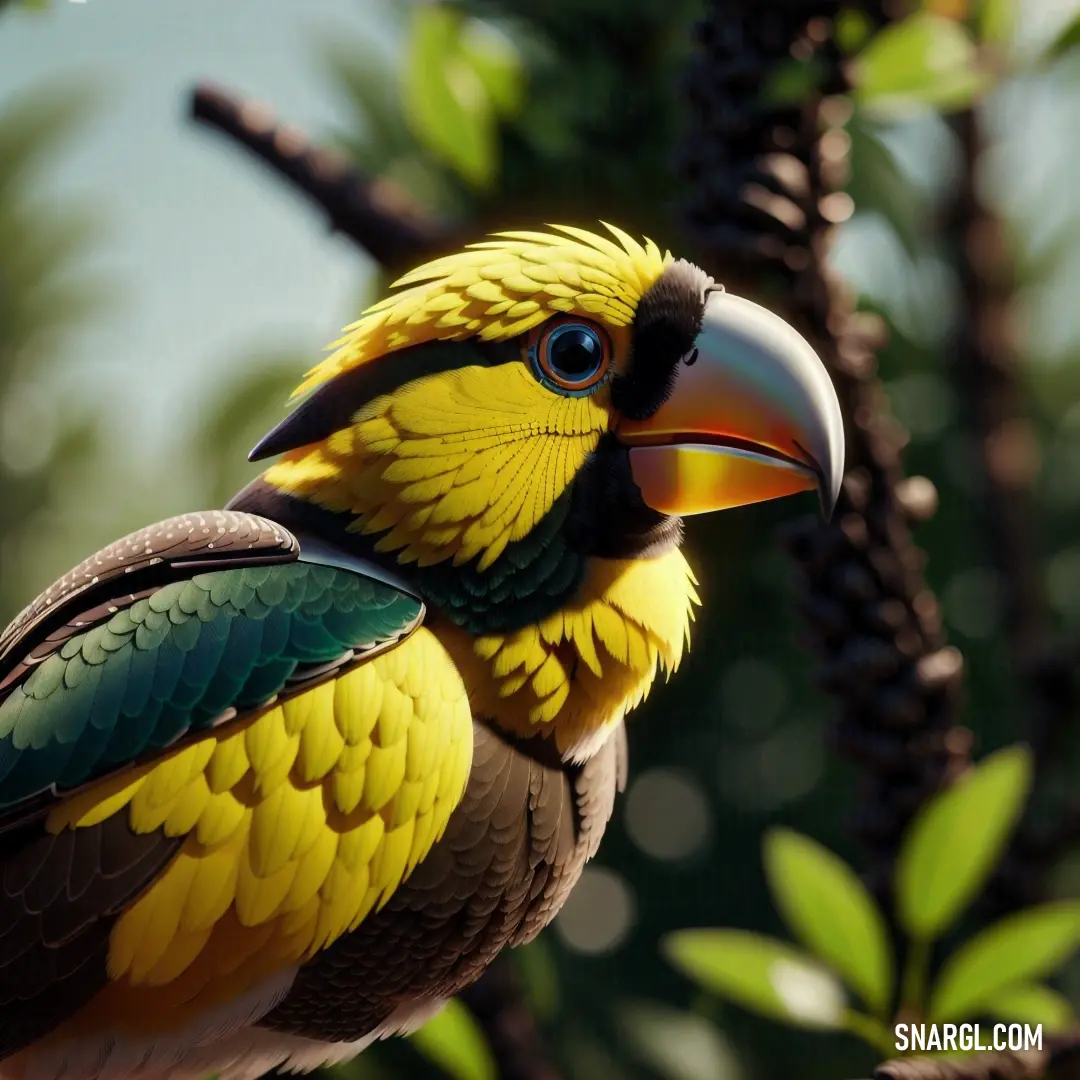 Colorful bird perched on a tree branch with a blurry background. Example of #C3B91F color.