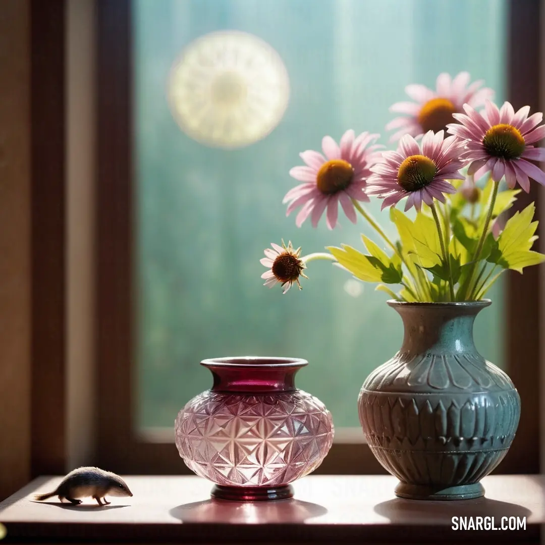 PANTONE 7765 color. Vase with flowers next to a smaller vase with flowers in it on a table near a window