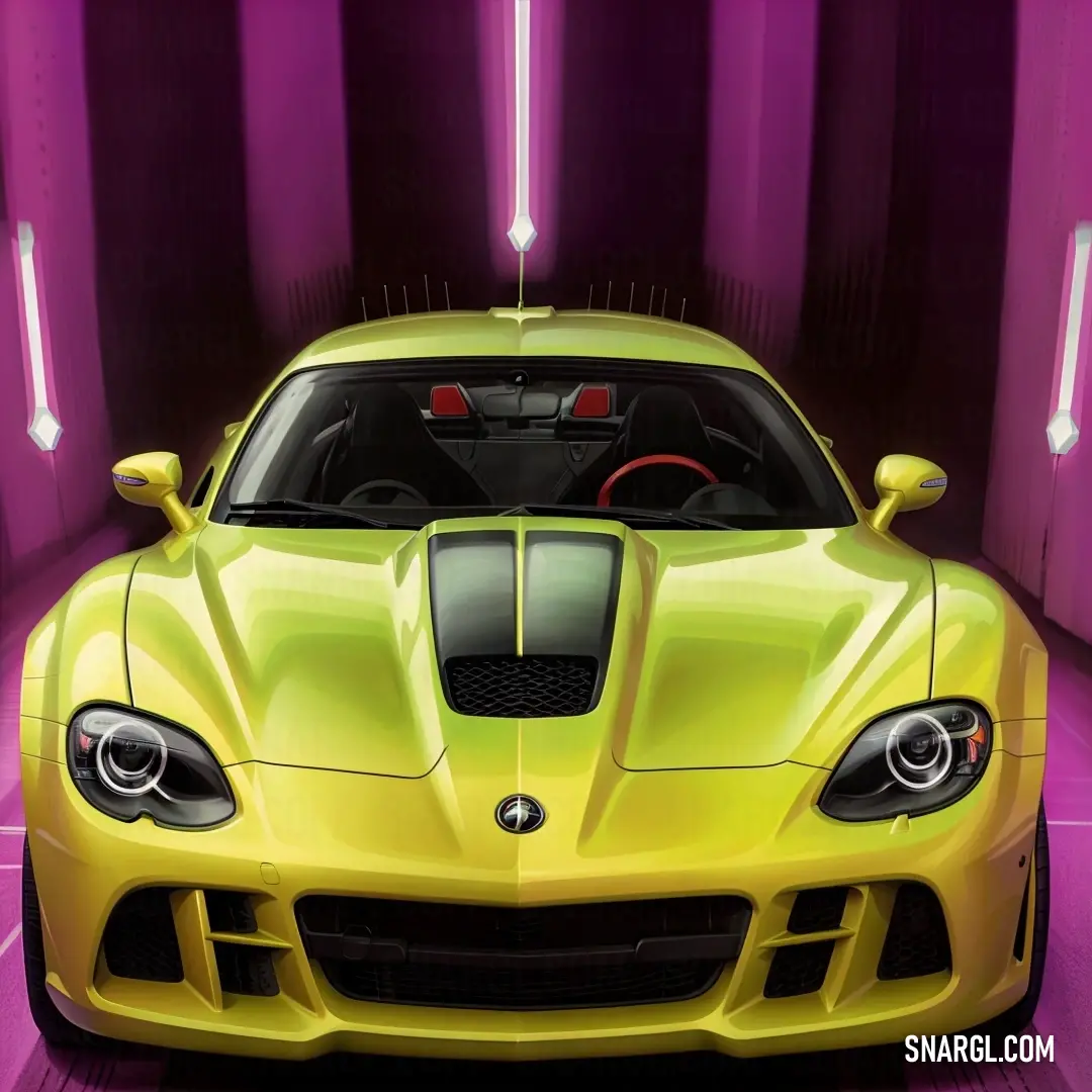 Yellow sports car in a purple room with a red light on the hood and a black light on the front. Color RGB 169,154,37.