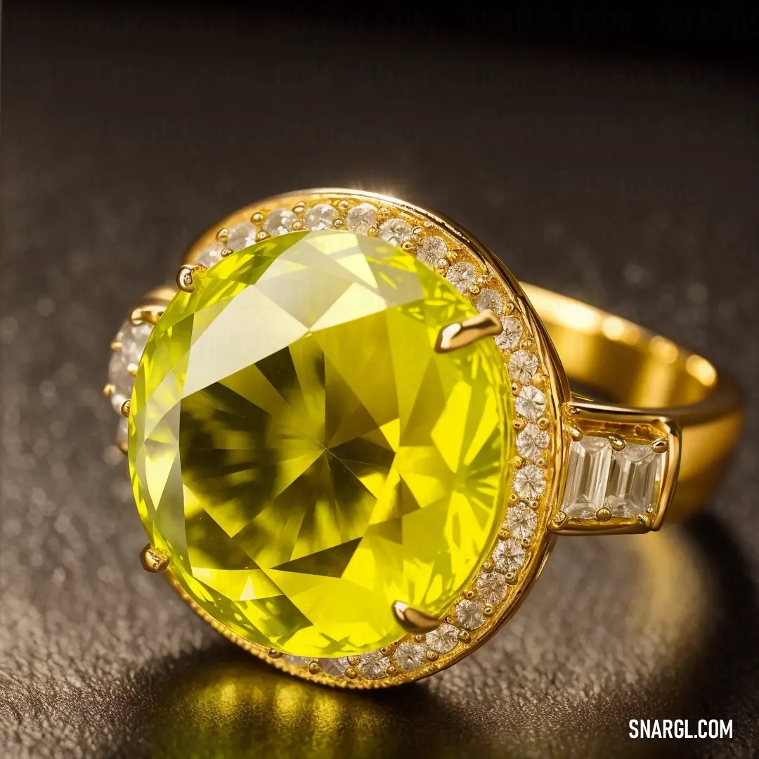 Yellow ring with a large yellow stone surrounded by small white diamonds on a black surface. Color #A99A25.