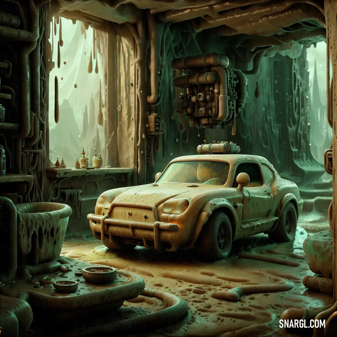 Car is parked in a dirty room with pipes and pipes on the walls and a sink in the corner. Color #998944.
