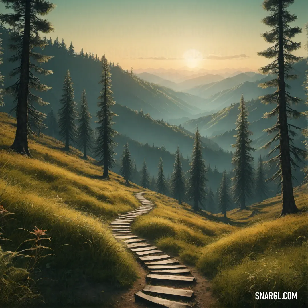 PANTONE 7768 color example: Painting of a path leading to a mountain range with pine trees and mountains in the background