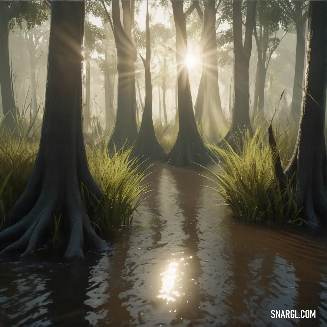 Swampy area with a sun shining through the trees and water in the foreground. Color CMYK 15,19,82,45.