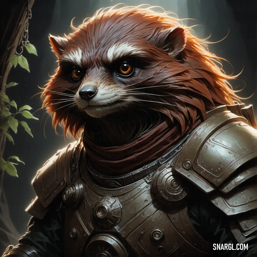 PANTONE 7770 color. Painting of a raccoon wearing armor and a helmet with a tree in the background