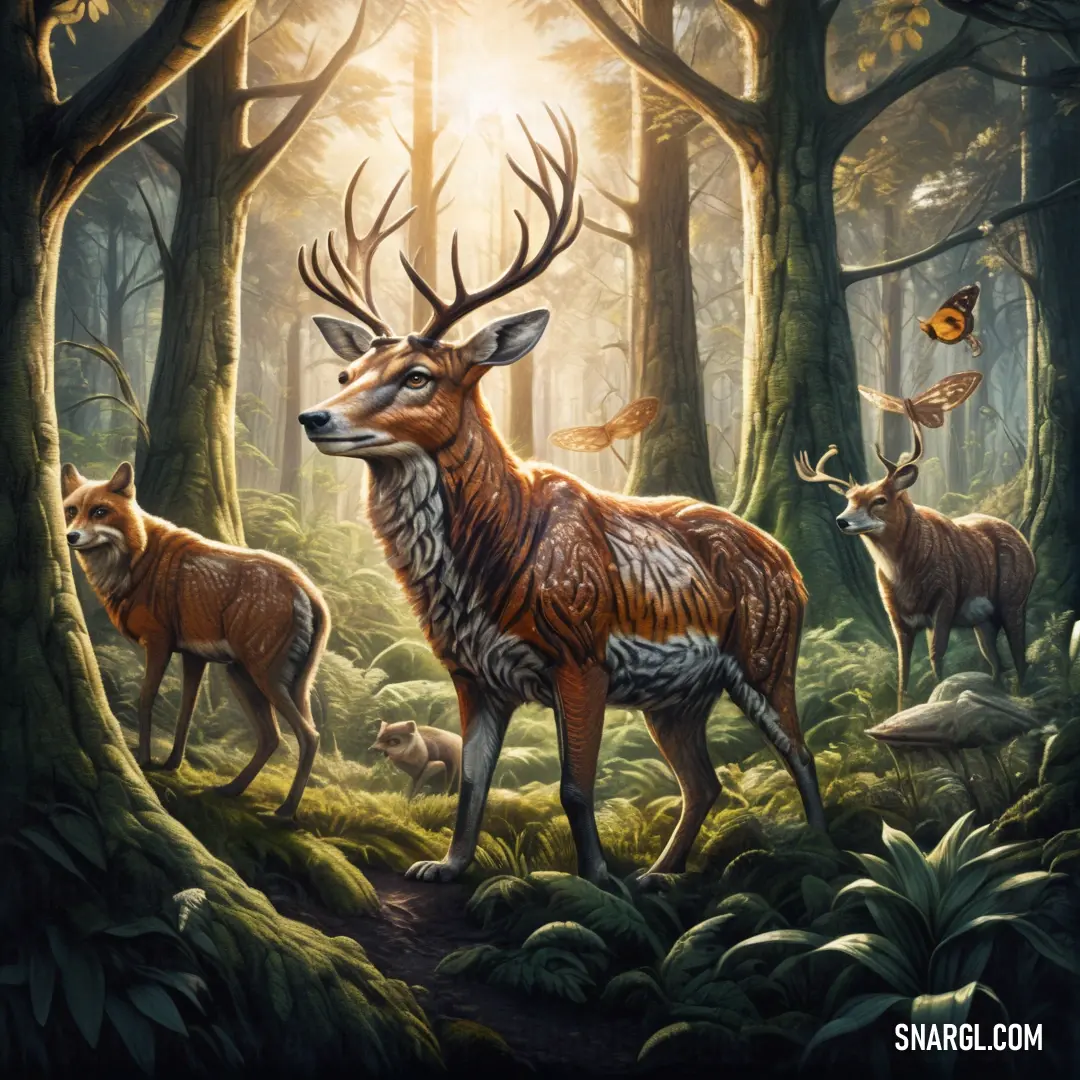 Painting of a deer and two other animals in a forest with butterflies flying around it and a sunbeam. Example of CMYK 39,43,80,91 color.