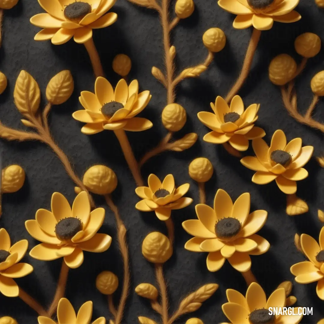 Bunch of yellow flowers on a black surface with leaves and buds on it,. Color #383127.