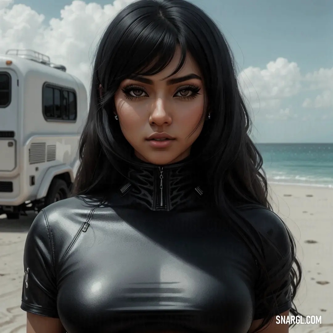 Woman in a leather outfit standing on a beach next to a motor home. Example of #383127 color.