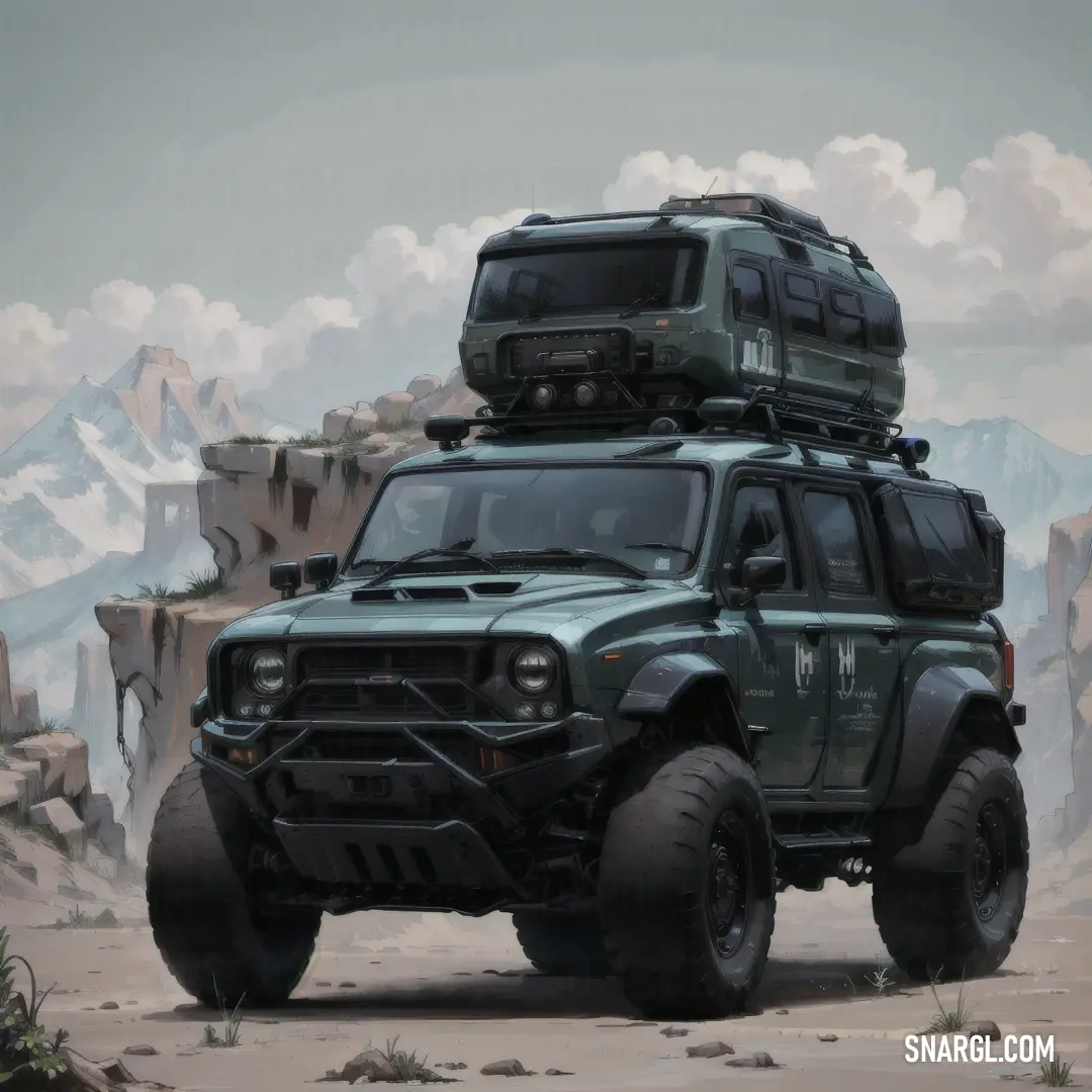 Green truck with a camper on top of it in the desert with mountains in the background. Color CMYK 38,35,33,92.