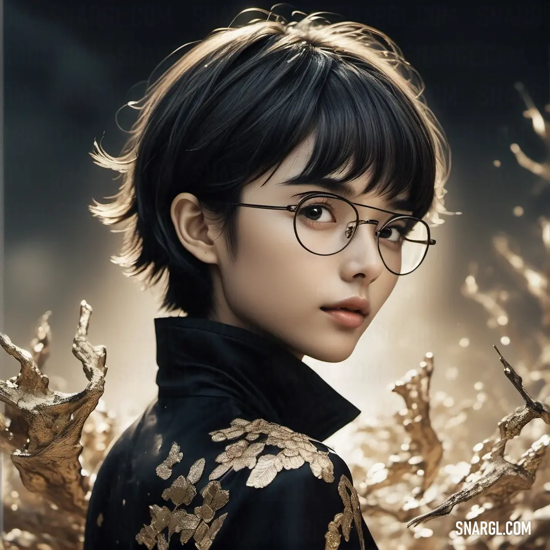 Woman with glasses and a black jacket and gold leaves on her shoulders. Color CMYK 38,35,33,92.