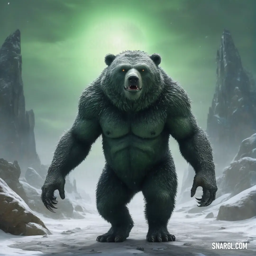 A large bear stands resolutely in the snowy terrain, illuminated by an otherworldly green light above, presenting an eerie yet enchanting scene that reflects the mystical elements of the wild landscape.