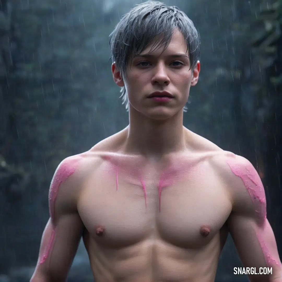 Bathed in the rain, a man with striking pink paint across his chest boldly reveals his physique, standing unashamed amidst the downpour, symbolizing freedom and self-expression against a dramatic backlit backdrop.