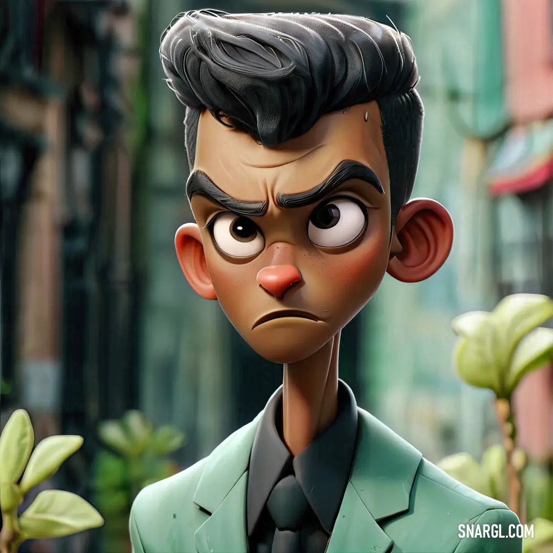 Cartoon character with a suit and tie on a city street with a plant in the background. Color #2F2C27.
